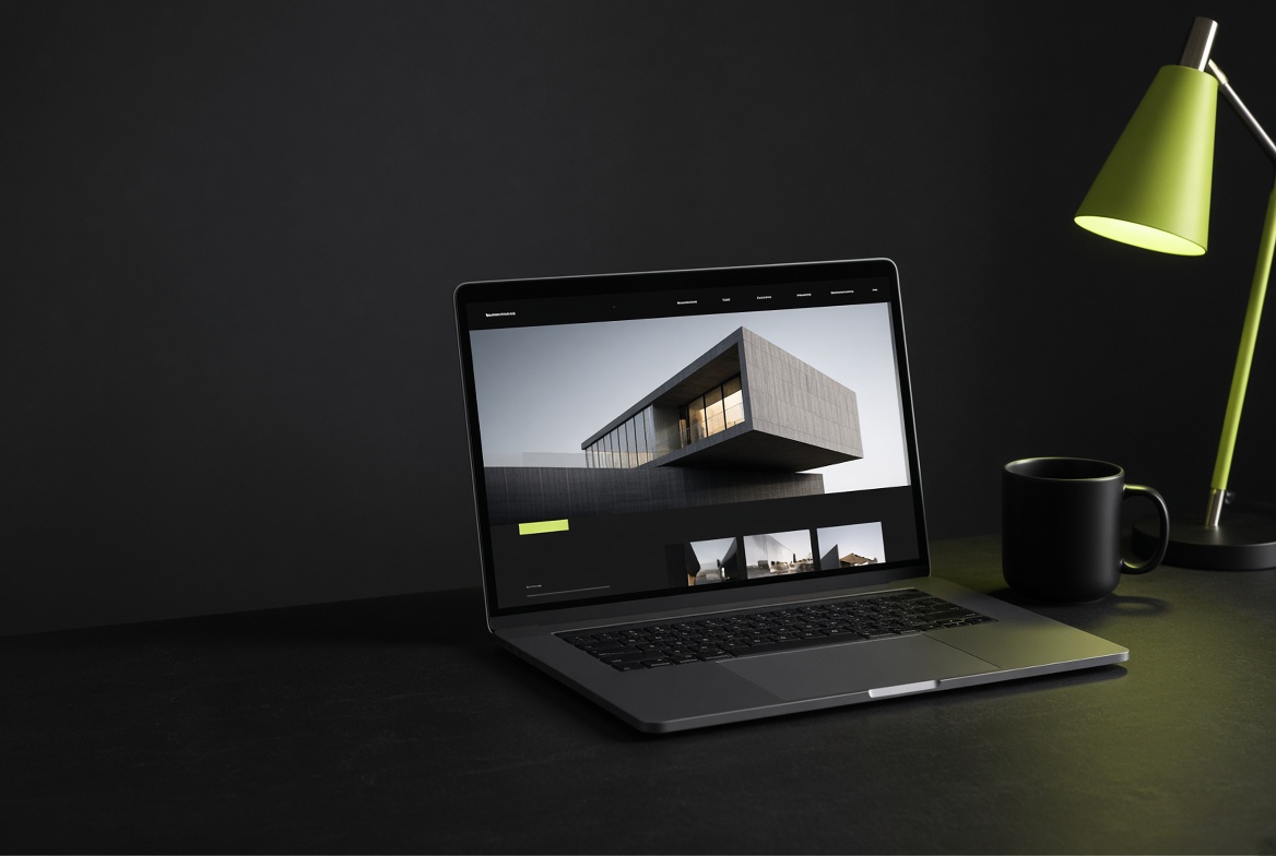 Premium art-directed photograph of a laptop showing a website transformation with a mug bearing the House of Payne 1111 mark and lime lighting